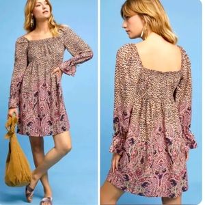 Anthropologie Maeve Milou Babydoll DRESS Peasant PAISLEY Flowy Pink Beige large